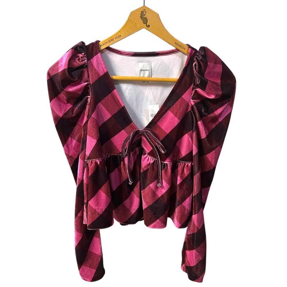 NWT MAEVE Anthropologie Velvet Babydoll Top in Rose Plaid Sz XS LS Puff Sleeves